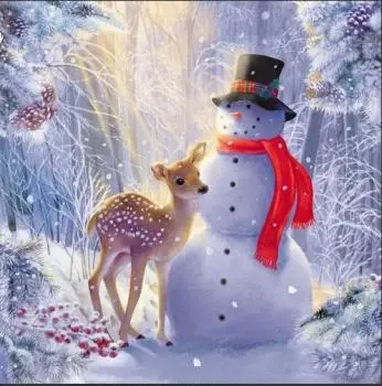 20 napkins snowman with deer in the forest for table decoration in winter 33cm