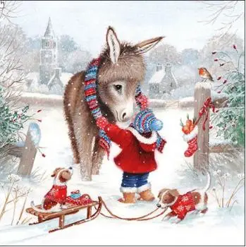 20 Servietten Tiere im Winter bekleiden Esel Kind Weihnachten Tischdeko 33cm