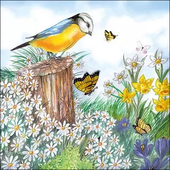 20 Servietten Vogel und Schmetterlinge auf einer bunten Frühlingswiese 33cm als Tischdeko