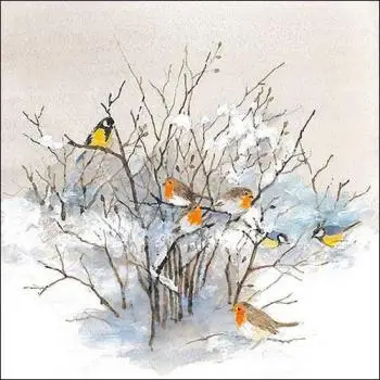 20 Servietten Vögel im Winter Schnee Wald Rotkehlchen und Blaumeise 33cm