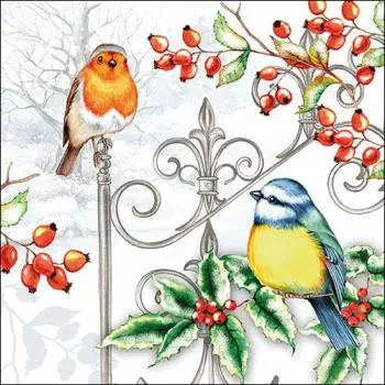 20 napkins birds in winter with holly as table decoration 33cm