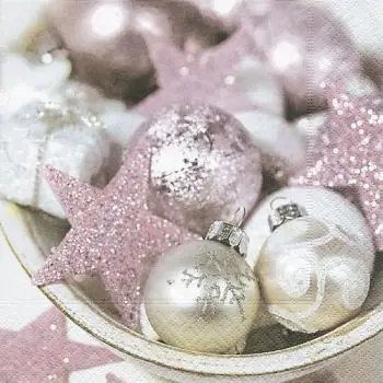 20 Servietten Weihnachten pink | Kugeln Sterne silber rosa Weihnachtsmotiv Weihnachtsstern 33cm
