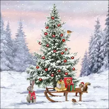 20 Servietten Weihnachtsbaum im Wald mit Schlitten, Hase, Tiere und Geschenken im Winter als Tischdeko 33cm