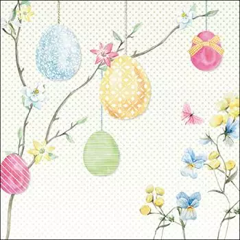 20 serviettes with colorful Easter eggs hang in the tree as table decorations at Easter