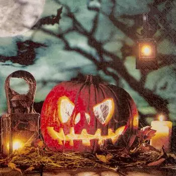20 Servietten Halloween Kürbis mit Licht und Spinnen als Tischdeko