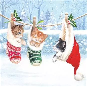 20 Servietten niedliche Katzen in Weihnachtssocken zu Nikolaus im Winter als Tischdeko 33cm