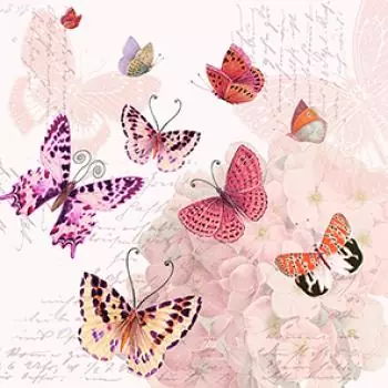 20 Servietten Schmetterlinge an Blumen rosa und orange / Vintage 33cm