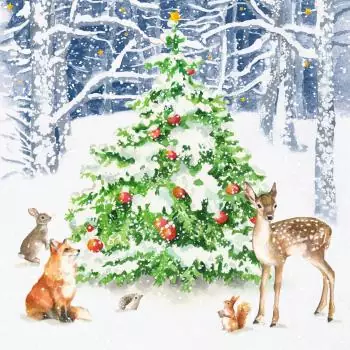 20 Servietten Tiere am Weihnachtsbaum im Winter im Wald Reh Hase Igel und Fuchs als Tischdeko