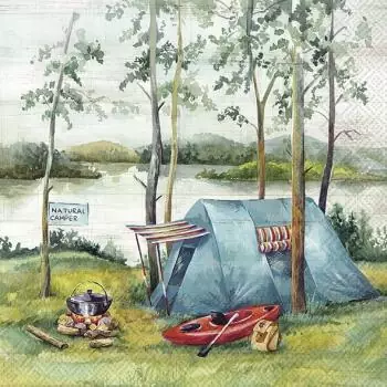 20 Servietten Urlaub Camping See Zelt Wald Grill und Paddelboot als Tischdeko 33cm