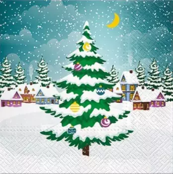 20 Servietten Weihnachtsdorf mit großem Weihnachtsbaum im Winter als Tischdeko 33cm
