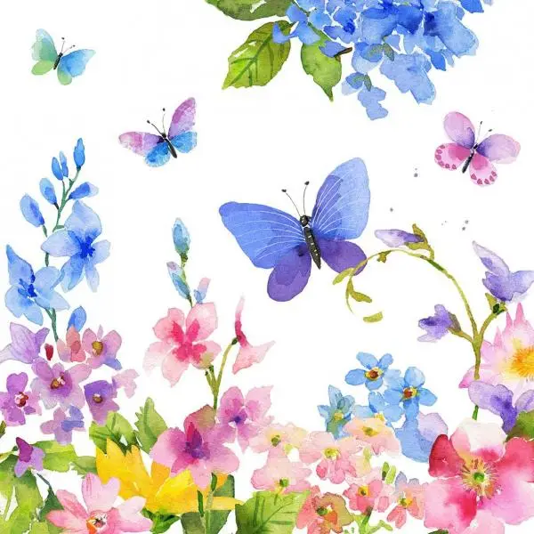20 Servietten Schmetterlinge auf bunter Blumenwiese gemalt 33cm