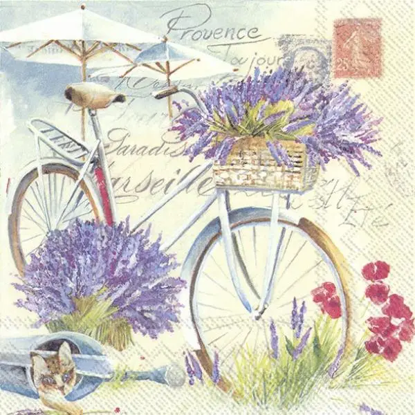 20 Servietten Blumenfahrrad Frankreich Provence Lavendel 33cm