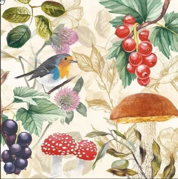 20 napkins robins robins garden with mushrooms, berries and flowers 33cm