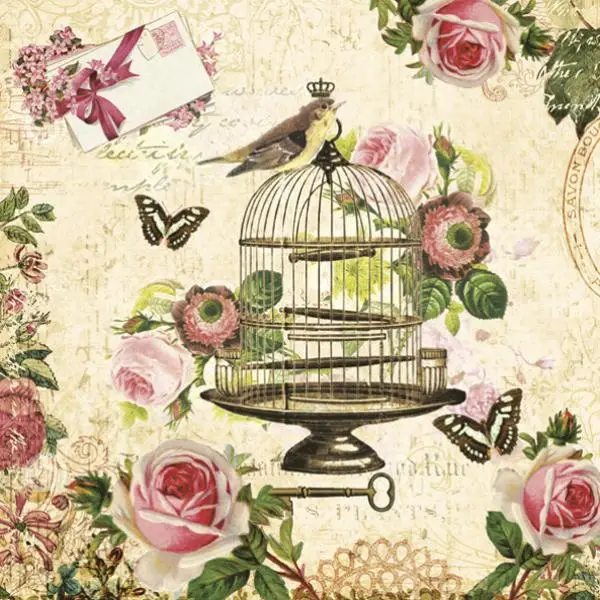 20 napkins vintage bird with cage and roses 33cm