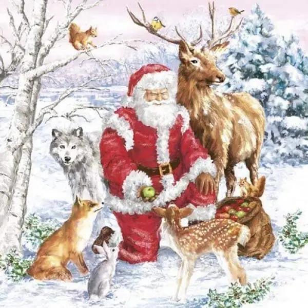 20 napkins Santa Claus feeds the animals as table decorations for winter and Christmas 33cm