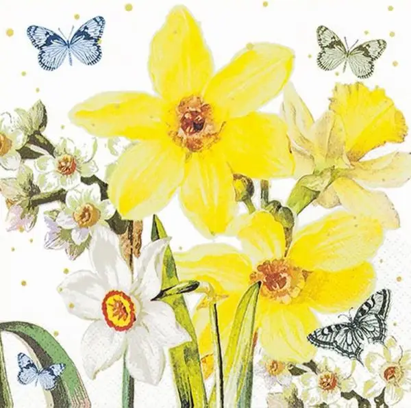 20 Cocktail-Servietten Frühling – Narzissen & Schmetterling | 25x25 cm