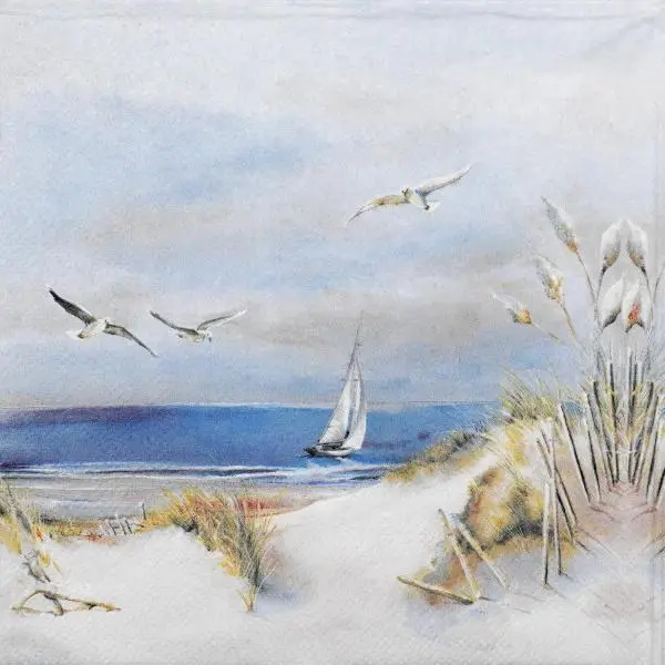 20 Design-Servietten „Meeresbrise“ – Maritimes Aquarell mit Segelschiff & Dünen – 33x33 cm