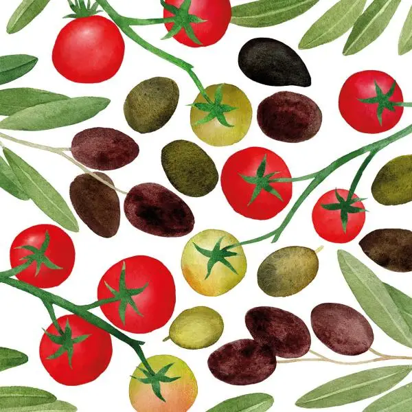 20 Design-Servietten „Toskana Flair“ – Mediterranes Motiv mit Tomaten & Oliven – 33x33 cm