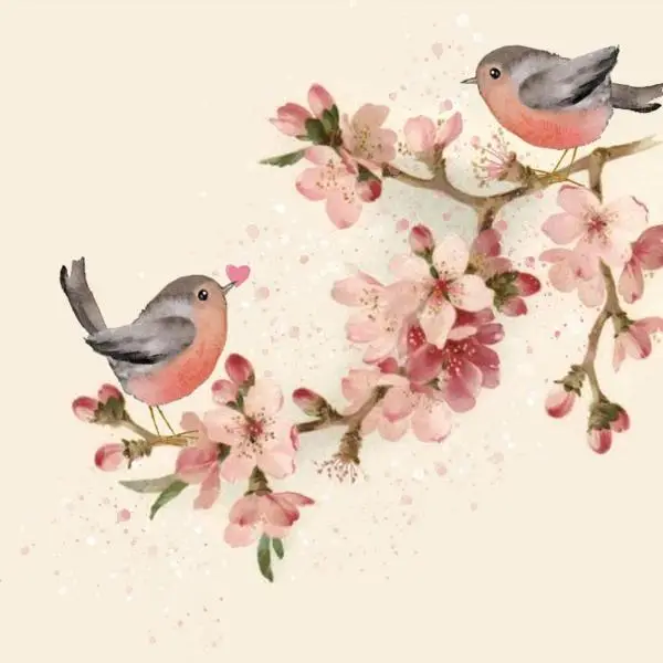 20 Premium Papierservietten "Frühlingsboten" – Vögel im Kirschblütenzweig, 33x33 cm