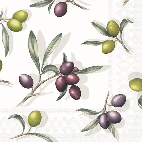 20 Premium Papierservietten Olivenzweig – Mediterranes Design mit grünen & schwarzen Oliven, 33x33 cm