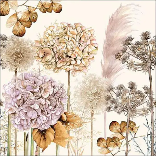 20 Servietten Blumen getrocknete Herbstblumen, Hortensien und Farne 20 Servietten Blumen getrocknete Herbstblumen, Hortensien und Farne