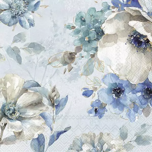 20 Servietten Blumen in Vintage blau gemalt als Tischdeko 33cm