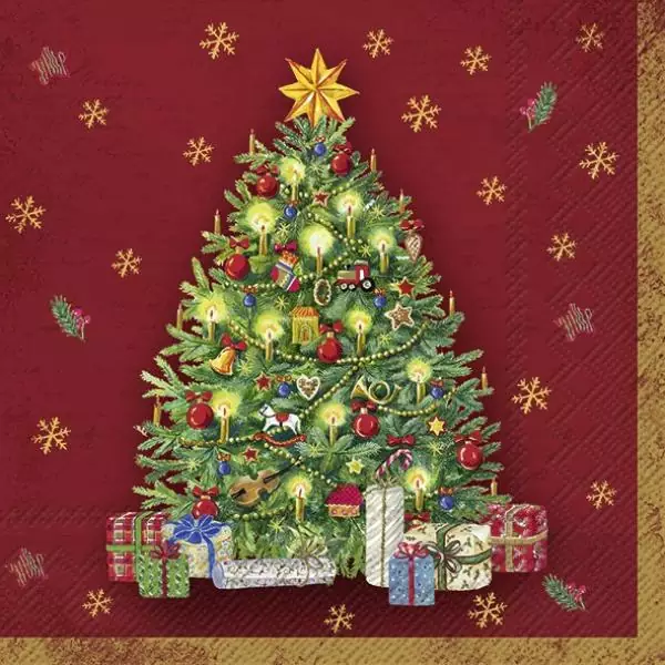 20 Servietten bunter geschmückter Christbaum mit Geschenken zu Weihnachten in rot 33cm als Tischdeko