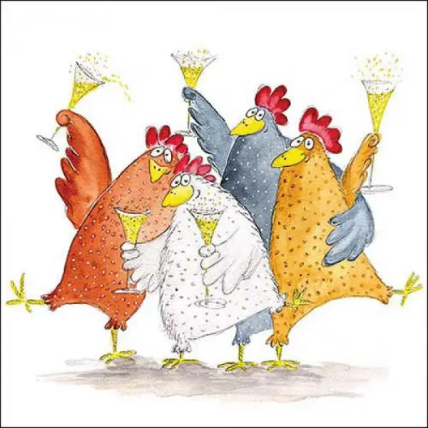 20 Servietten „Celebrating Chickens“ – Witzige Tischdeko mit Party-Hühnern 33cm als Tischdeko