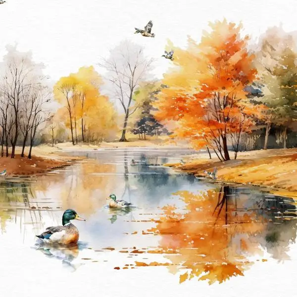 Servietten 20 Stück – Enten auf dem See mit bunten Bäumen im Herbst Servietten 20 Stück – Enten auf dem See mit bunten Bäumen im Herbst