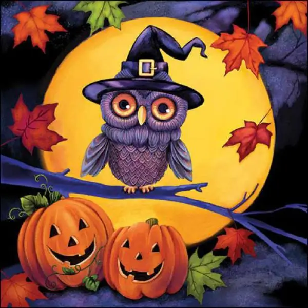 20 Servietten Halloween – Eule mit Hexenhut & fröhliche Kürbisse | Tischdeko