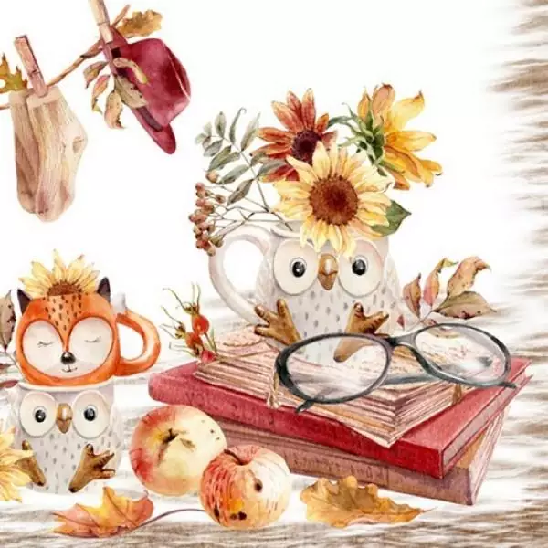 20 napkins owls in autumn with apple and sunflower in vintage 33cm