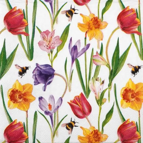 20 Servietten Frühling – Tulpen, Narzissen, Fresien & Bienen | Tischdeko 33x33 cm