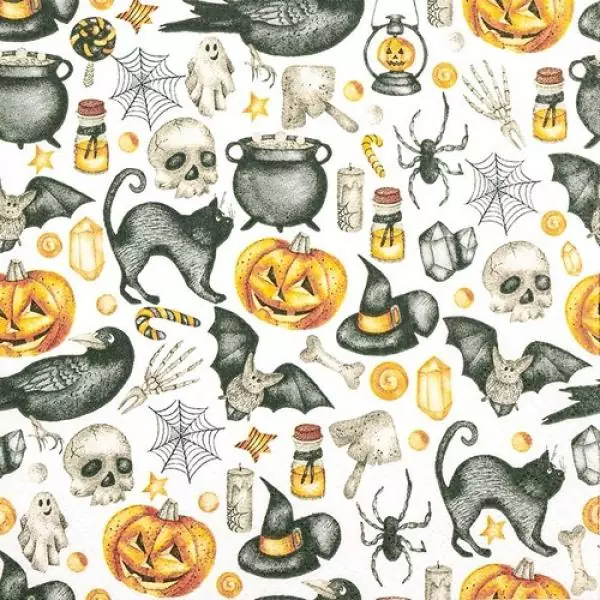 20 napkins Halloween with symbols pumpkin, bat, cat, raven and hat 33cm as table decoration