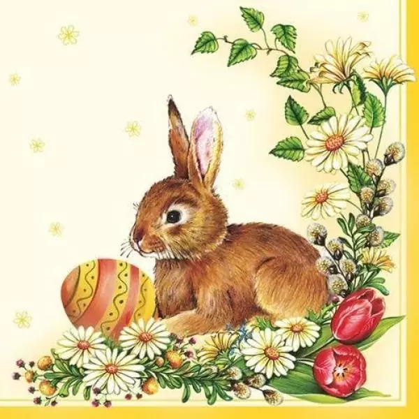 20 Servietten Hase mit großem Osterei zu Ostern in Frühlingsblumen 33cm als Tischdeko