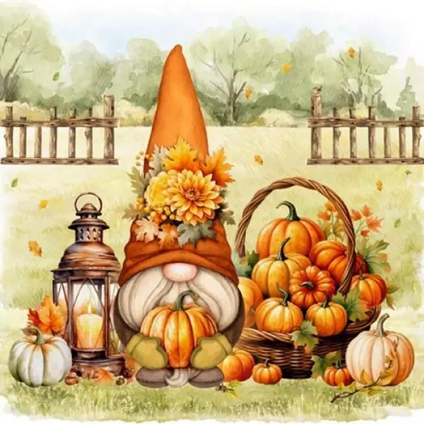 20 napkins autumn in the garden with gnomes and pumpkins 33cm