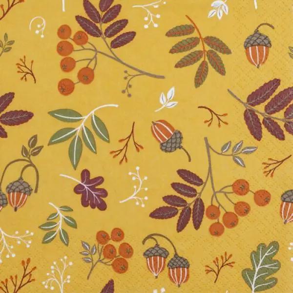 20 Servietten Herbst Kollektion in Orange mit Blüten und Eicheln – stimmungsvolle Tischdeko