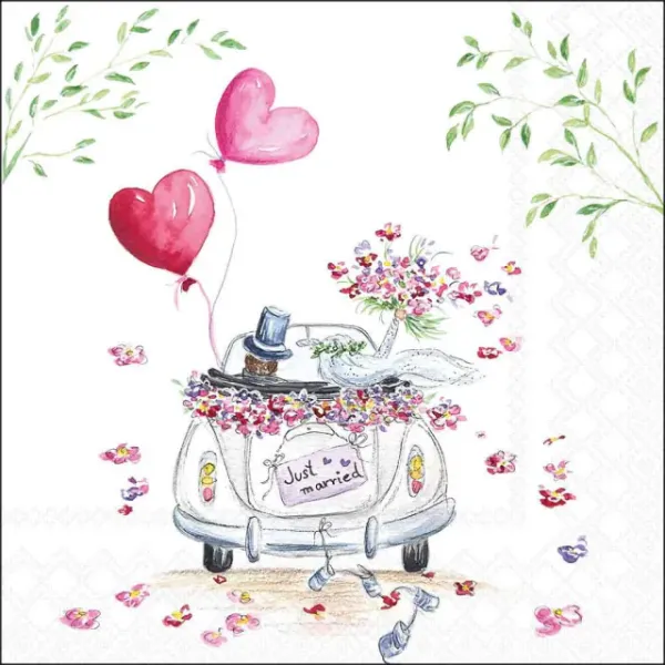 20 Servietten Hochzeit & Liebe, gemaltes Hochzeitsauto mit roten Herz-Ballons und Just Married