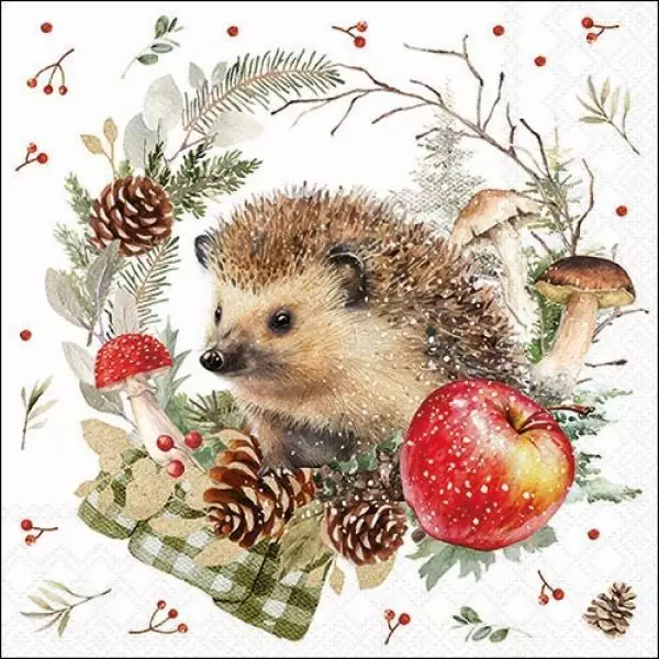 20 napkins hedgehog in autumn with apple, mushrooms and cones 33cm as table decoration