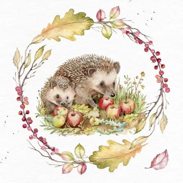 Servietten 20 Stück – Igel mit Apfel im Beerenkranz & Eichenblättern, Herbst Servietten 20 Stück – Igel mit Apfel im Beerenkranz & Eichenblättern, Herbst