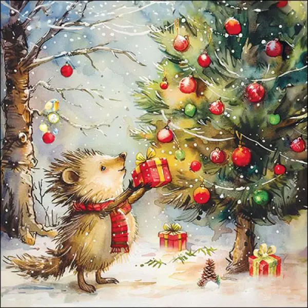 20 Servietten Igel Weihnachten mit Geschenken – 33 cm