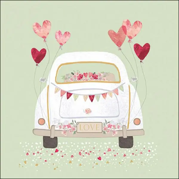 20 Servietten „Just Married“ – Hochzeitsauto mit Herz-Luftballons | Hochzeitsdeko