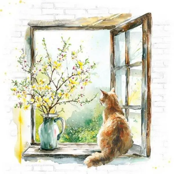 20 Servietten Katze am alten Fenster mit einem Strauß aus Frühlings Zweigen in der Vase