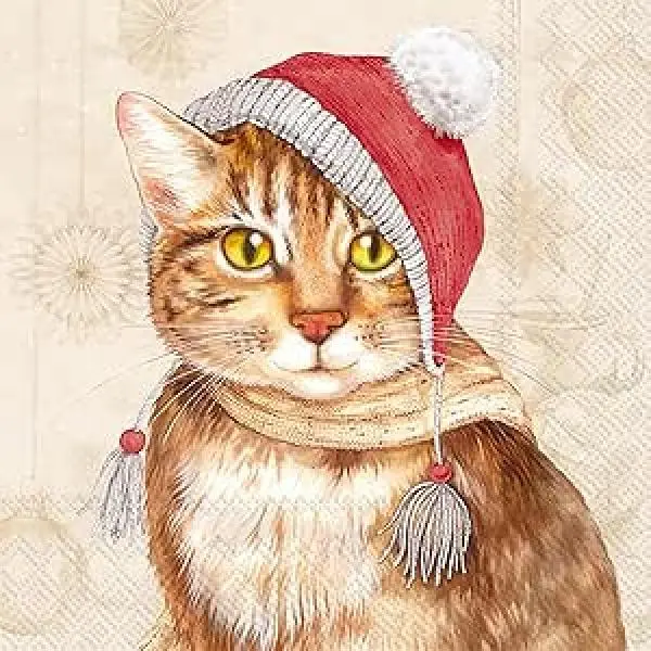 20 Servietten Katze zu Weihnachten mit Weihnachtsmütze, Weihnachtskatze
