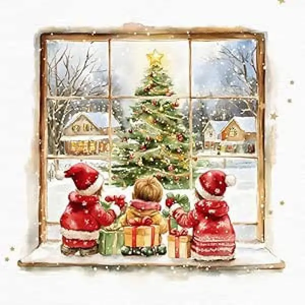20 Servietten „Kinder mit Geschenken vor leuchtendem Weihnachtsbaum“. 20 Servietten „Kinder mit Geschenken vor leuchtendem Weihnachtsbaum“.