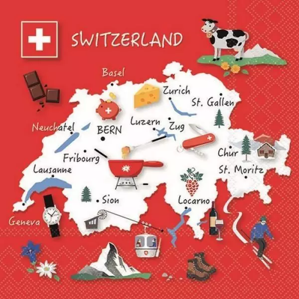 20 Servietten Land Schweiz mit Städte Zürich Bern Switzerland 33cm