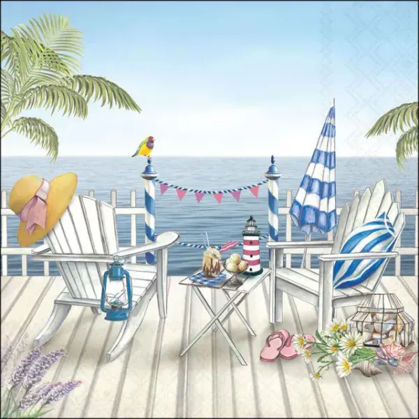 20 Servietten Maritim Terrasse zum Meer mit Tisch, Stuhl und Sonnenschirm als Tischdeko 33cm
