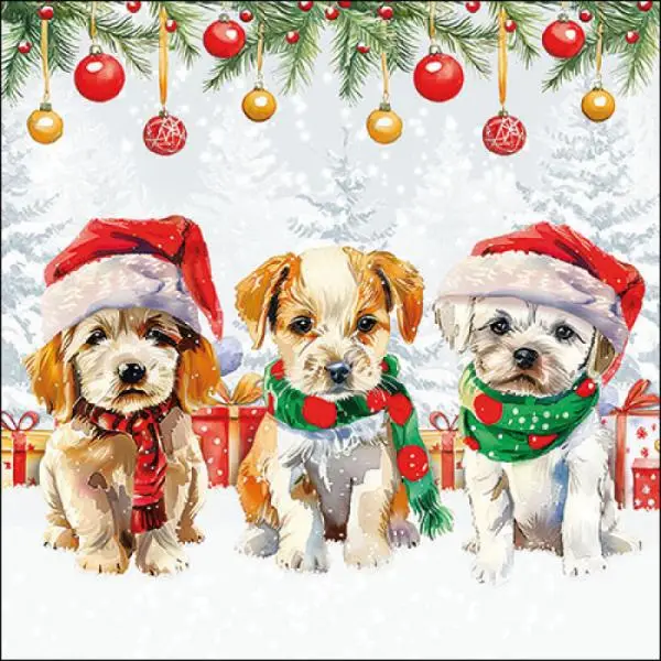 20 Servietten Hunde mit Weihnachtsmützen im Schnee 33 cm