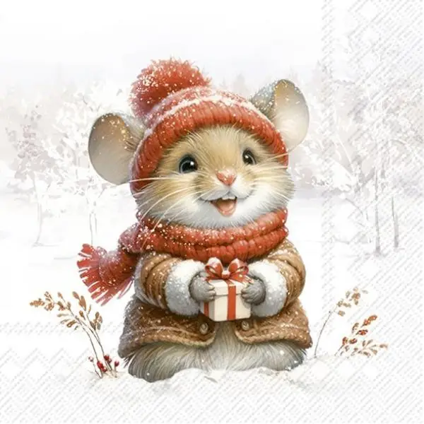 20 Servietten Weihnachtsmaus mit Mütze, Schal & Geschenk 20 Servietten Weihnachtsmaus mit Mütze, Schal & Geschenk