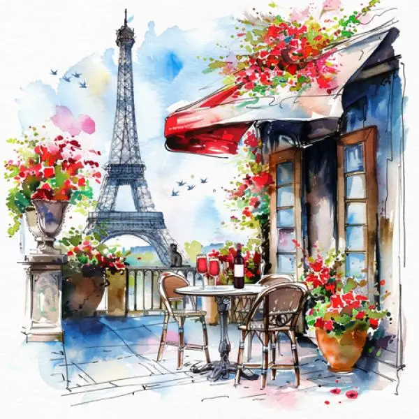 20 Servietten Paris Romantik – Café mit roten Blumen & Eiffelturm-Blick – 33x33cm