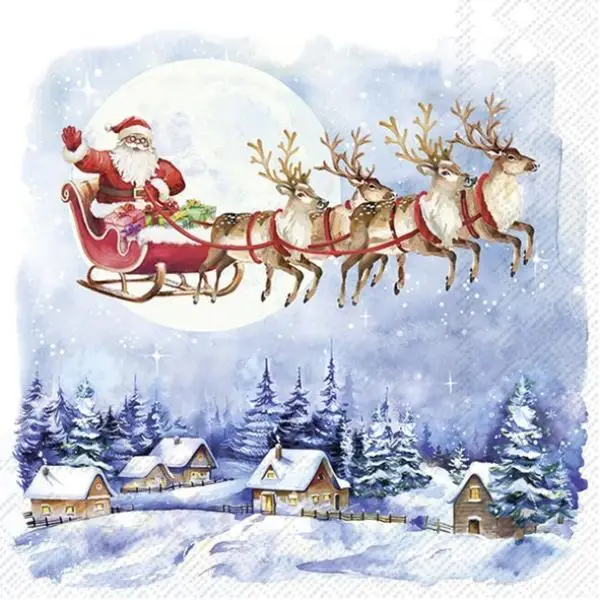 20 Servietten Santa mit Rentierschlitten im Winterdorf